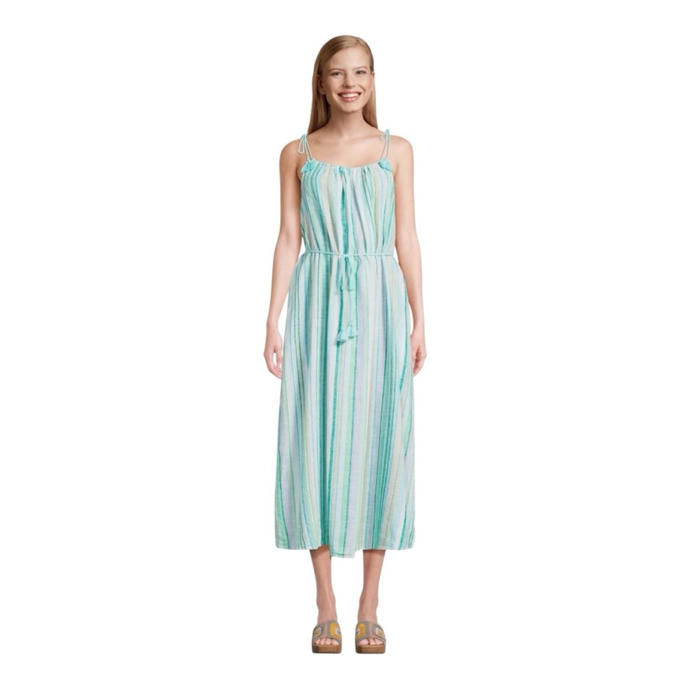 Time and Tru Blue Marine Stripe Tie Shoulder Midi Dress, Extra Small